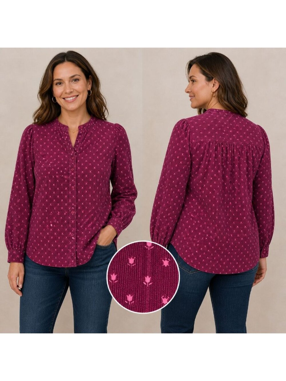 Talbots Womens Corduroy Band Collar Shirt Ditsy Dot Floral Long Sleeve Size M